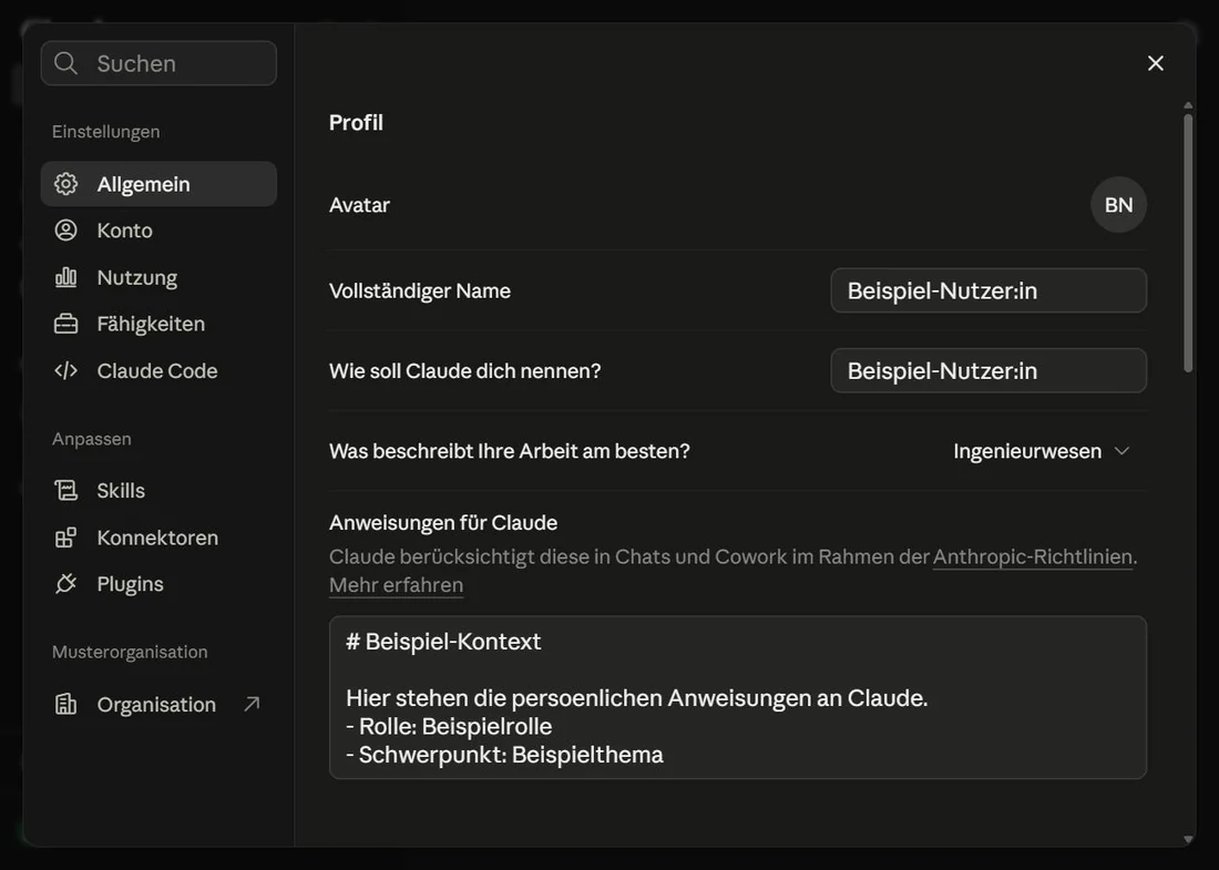 Einstellungsdialog mit einer Auswahlleiste links; der Eintrag „Fähigkeiten“ steht an fünfter Stelle.