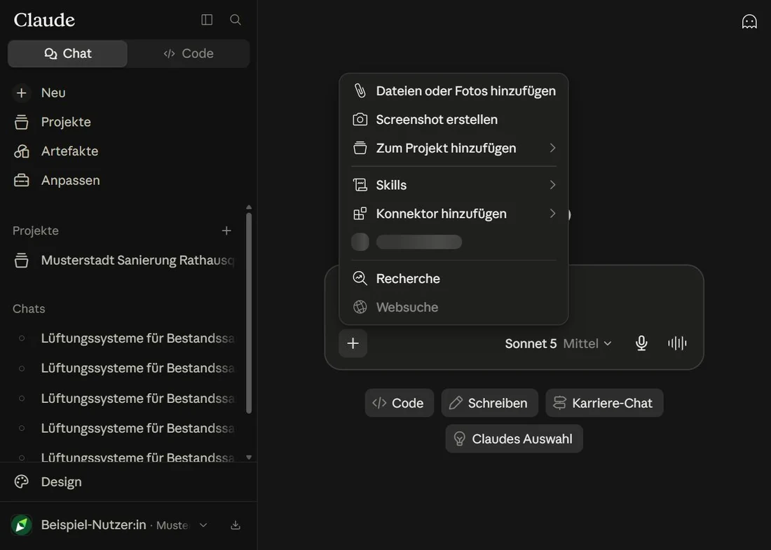 Über dem Eingabefeld geöffnetes Menü mit den Einträgen zum Hinzufügen von Dateien, zu Connectoren, zu Skills und zur Recherche.