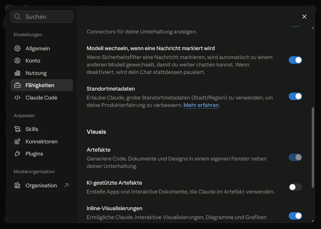 Seite „Fähigkeiten“ in den Einstellungen; im Abschnitt „Visuals“ steht als erster Eintrag „Artefakte“ mit einem Schalter rechts.