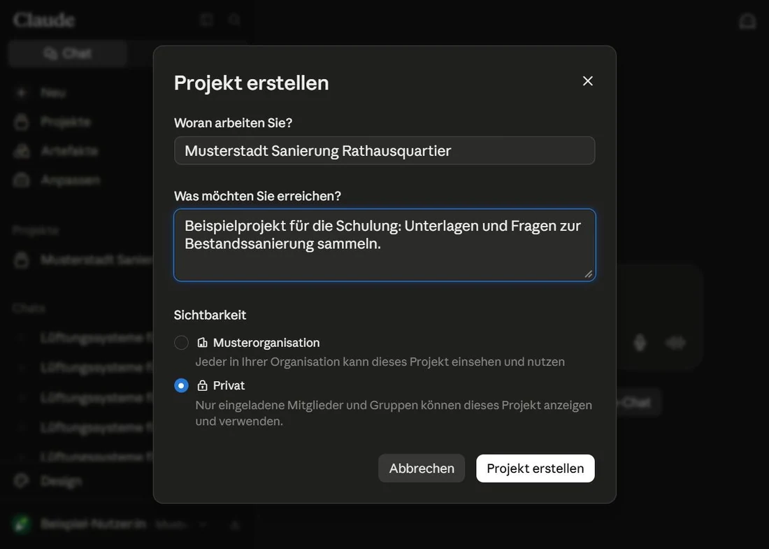 Dialog „Projekt erstellen“ mit Feldern für Name und Beschreibung; unten rechts die bestätigende Schaltfläche.