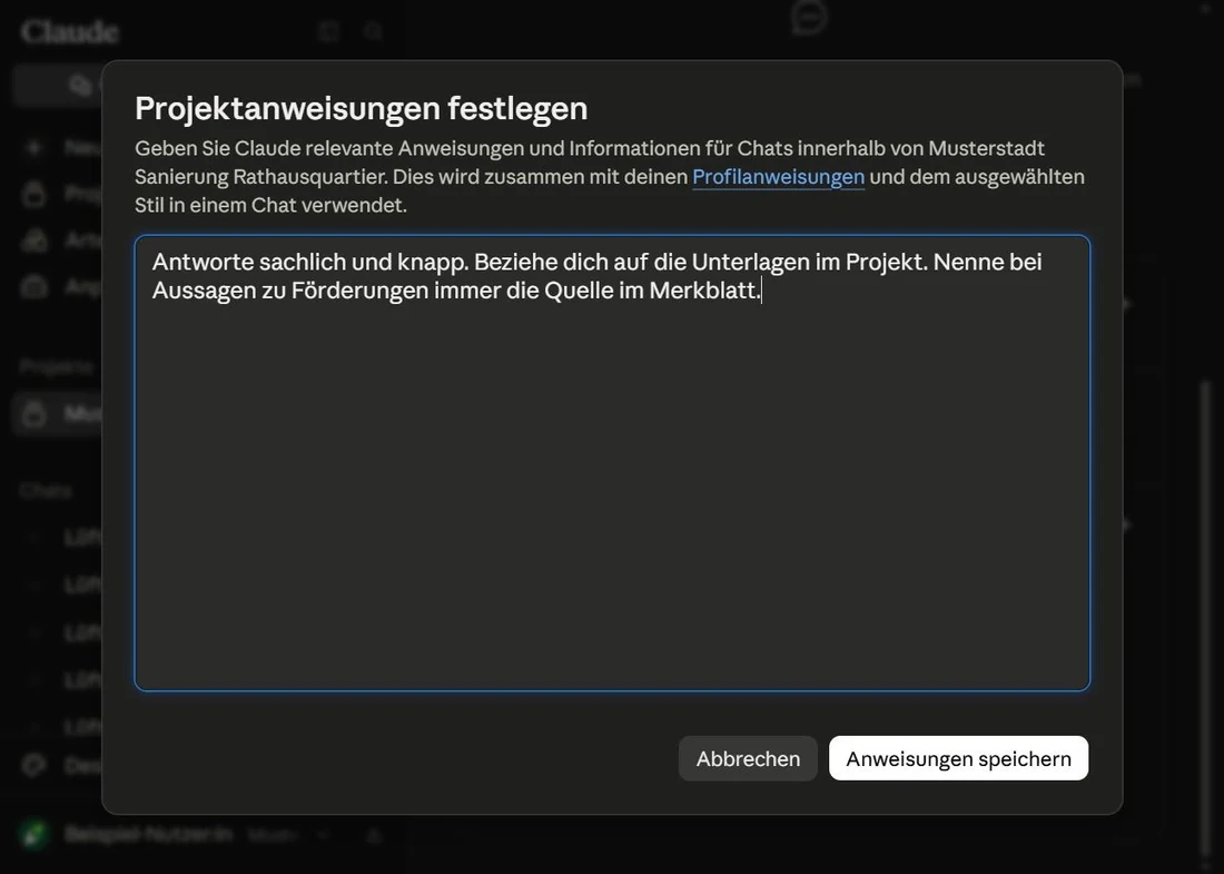 Dialog „Projektanweisungen festlegen“ mit einem großen Textfeld; unten rechts die Schaltfläche zum Speichern.
