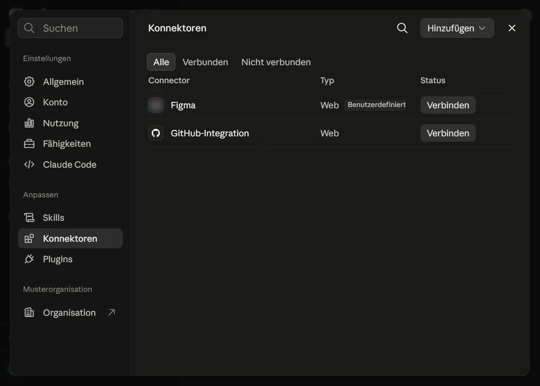 Verzeichnis der verfügbaren Connectoren als Liste; rechts eine Spalte Status, in der bei jedem Eintrag eine Schaltfläche zum Verbinden steht.