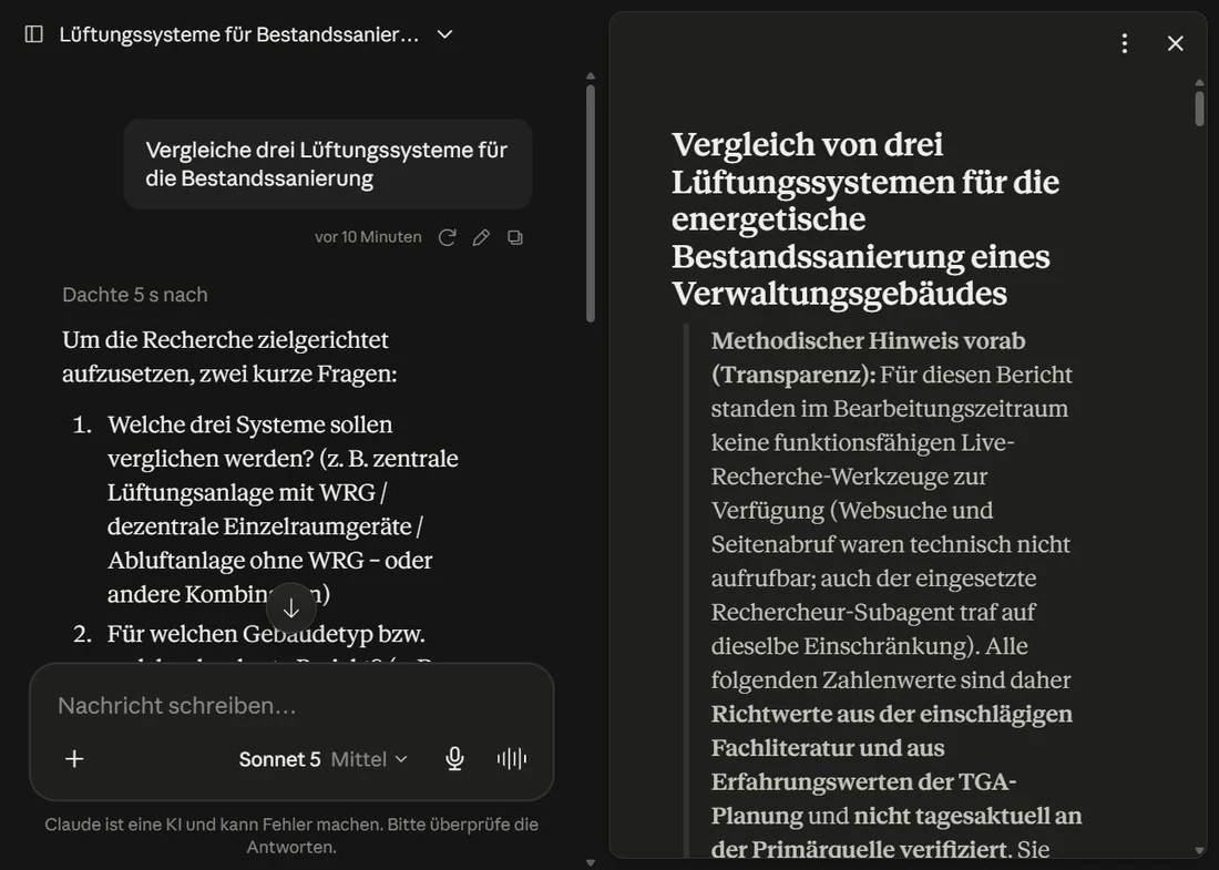 Ergebnisfenster einer abgeschlossenen Recherche mit gegliedertem Bericht.