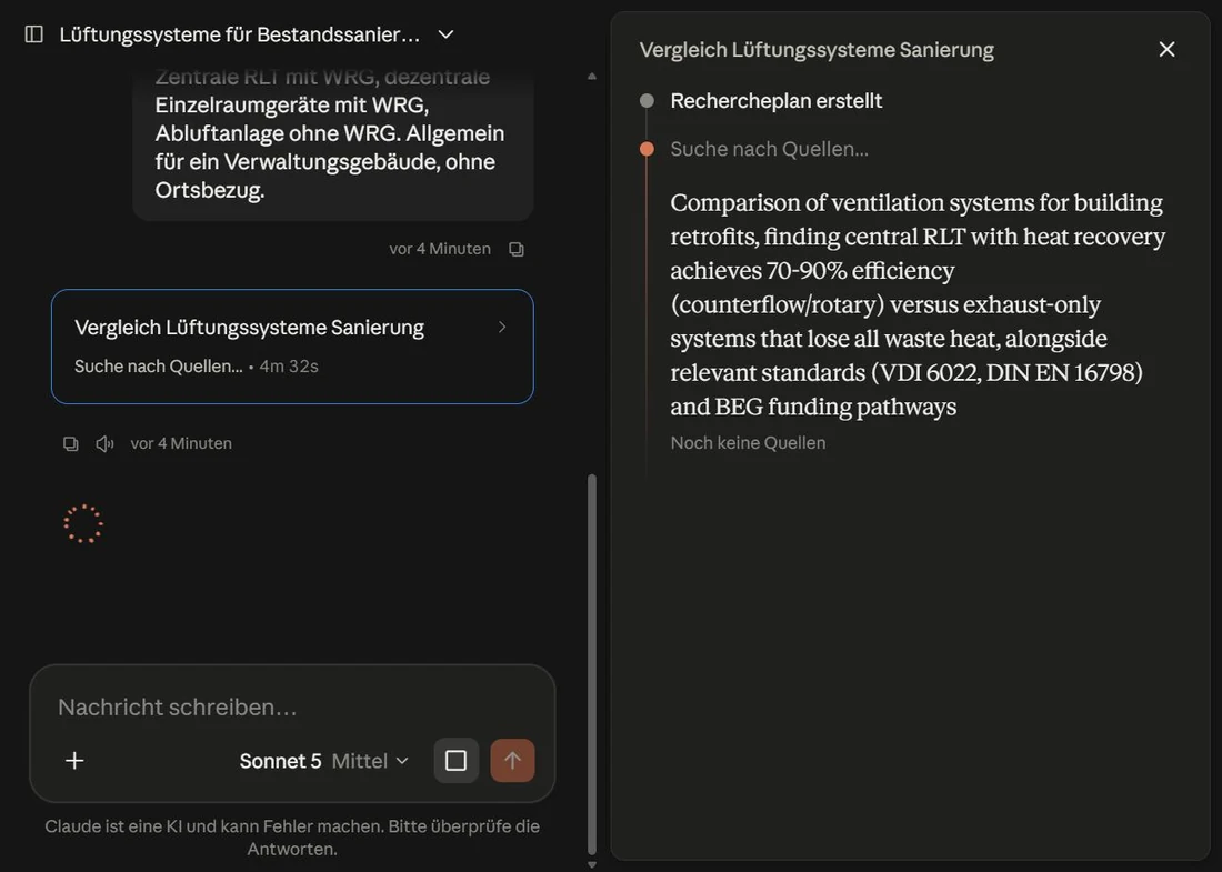 Rechtes Panel während einer laufenden Recherche: Erst der erstellte Rechercheplan, darunter die laufende Suche nach Quellen.
