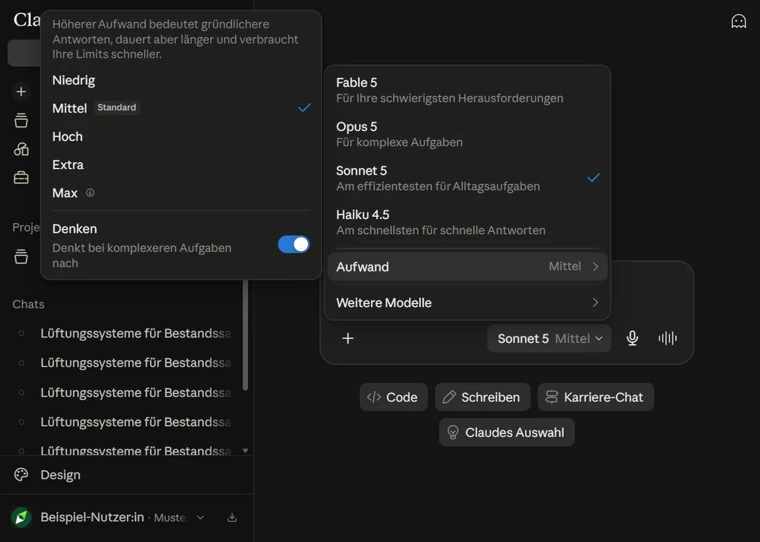 Geöffnetes Modellmenü neben dem Eingabefeld; der Eintrag Aufwand ist ausgeklappt und zeigt links ein Untermenü, dessen unterster Eintrag einen Schalter trägt.